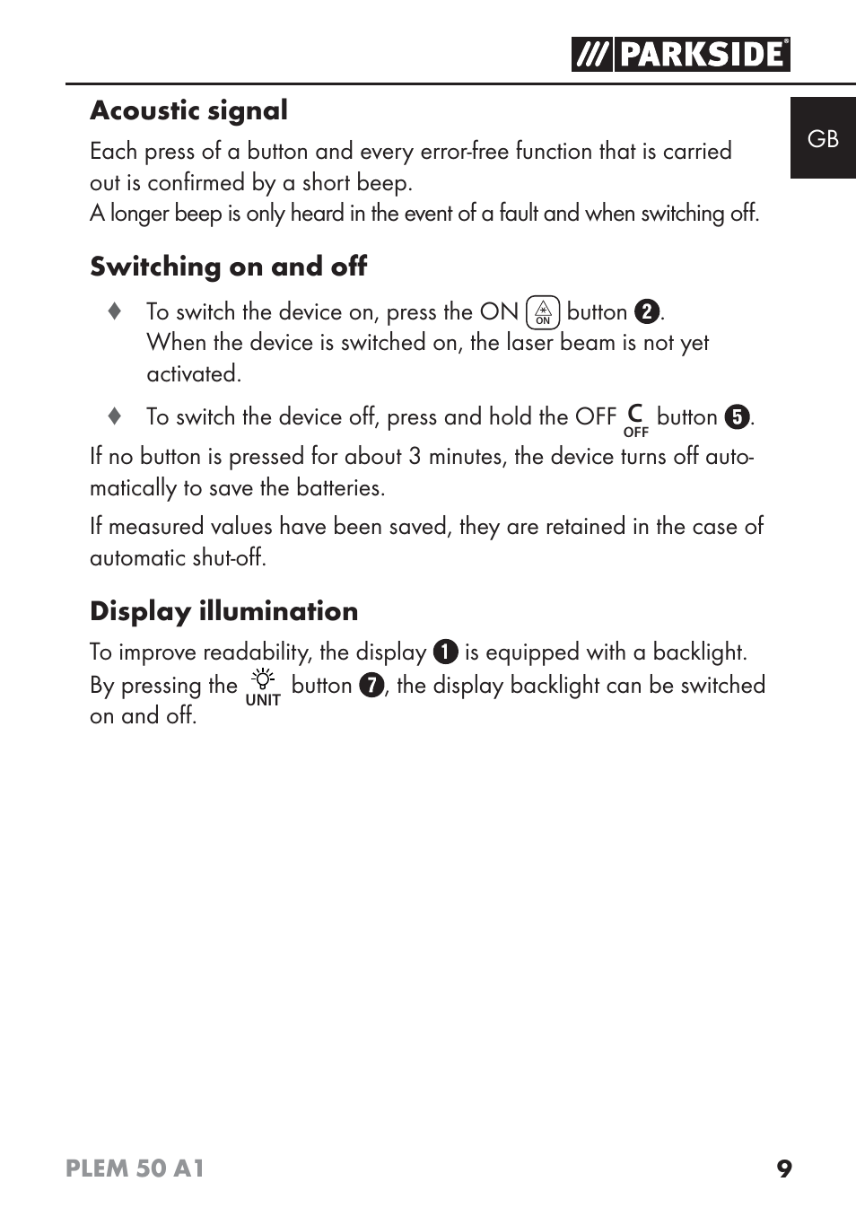 Acoustic signal, Switching on and oﬀ, Display illumination | Parkside PLEM 50 A1 User Manual | Page 12 / 114