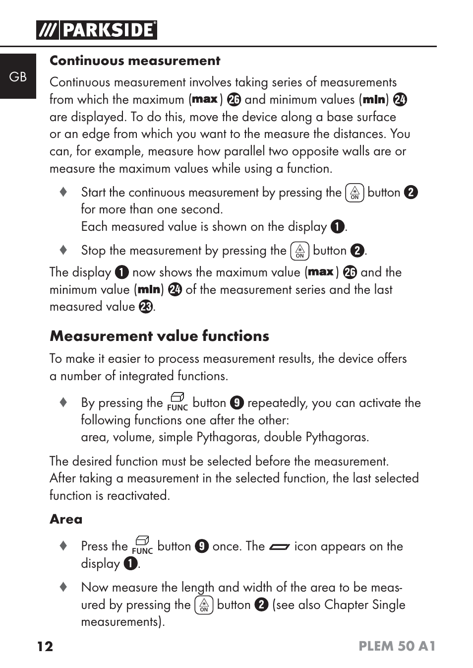 Measurement value functions | Parkside PLEM 50 A1 User Manual | Page 15 / 114