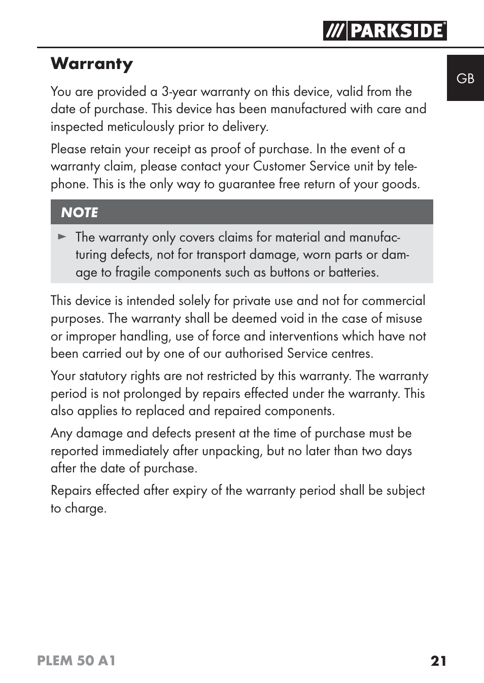 Warranty | Parkside PLEM 50 A1 User Manual | Page 24 / 114