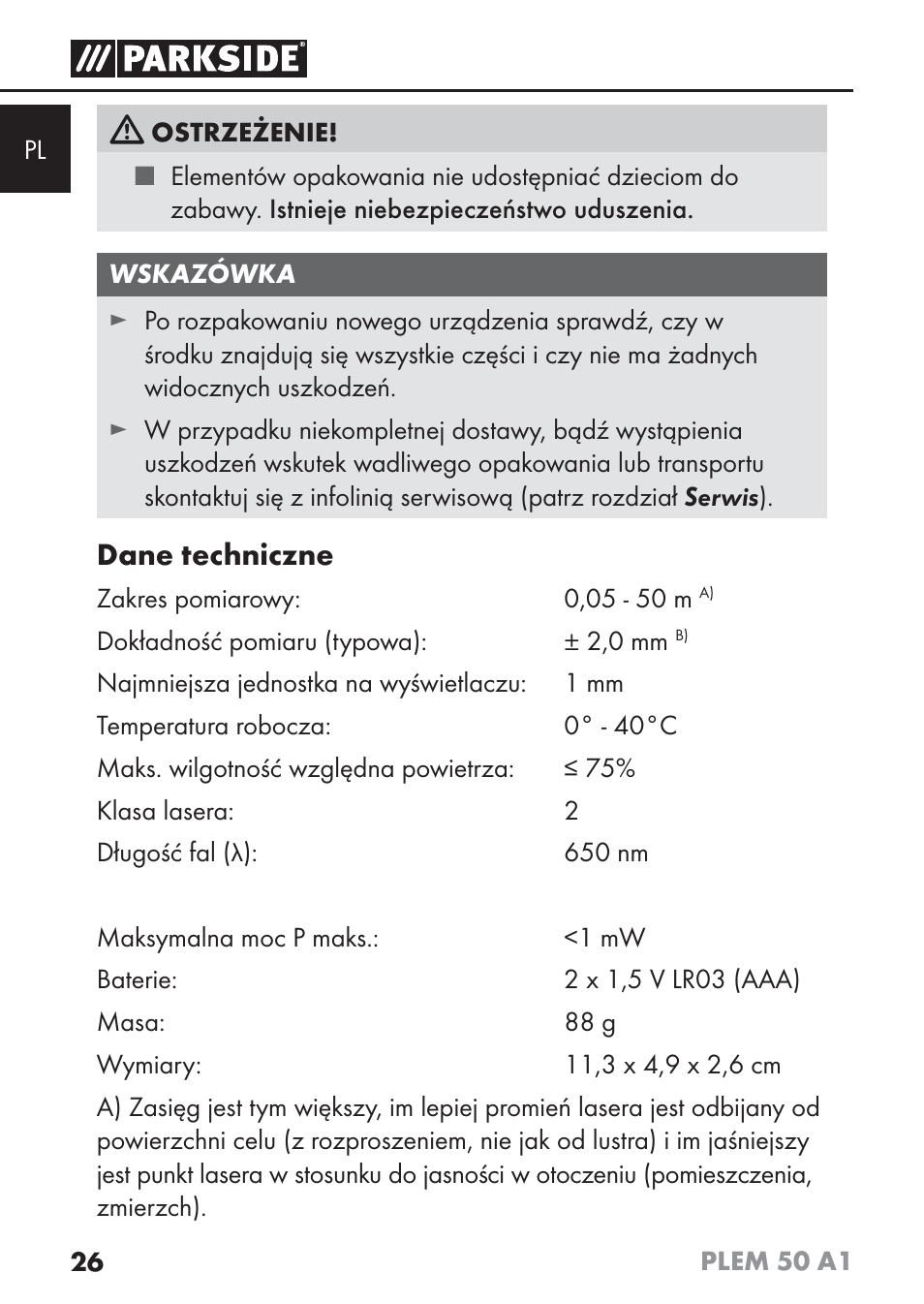 Dane techniczne | Parkside PLEM 50 A1 User Manual | Page 29 / 114