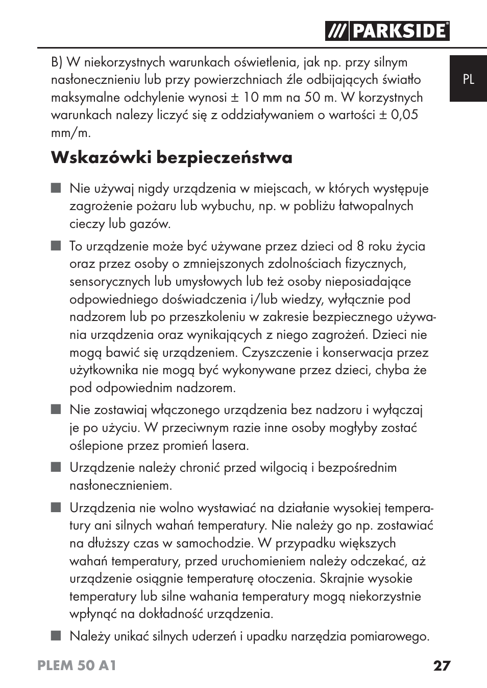 Wskazówki bezpieczeństwa | Parkside PLEM 50 A1 User Manual | Page 30 / 114