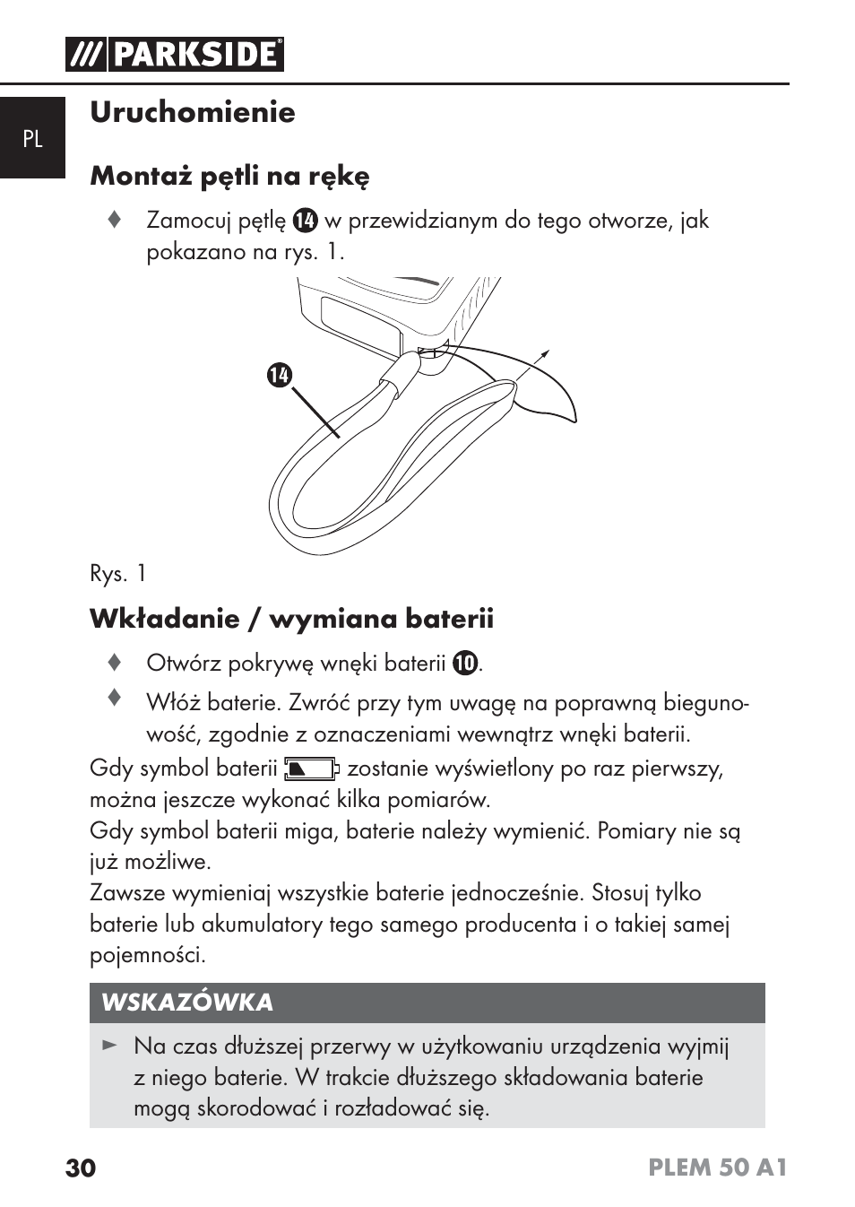 Uruchomienie, Montaż pętli na rękę, Wkładanie / wymiana baterii | Parkside PLEM 50 A1 User Manual | Page 33 / 114