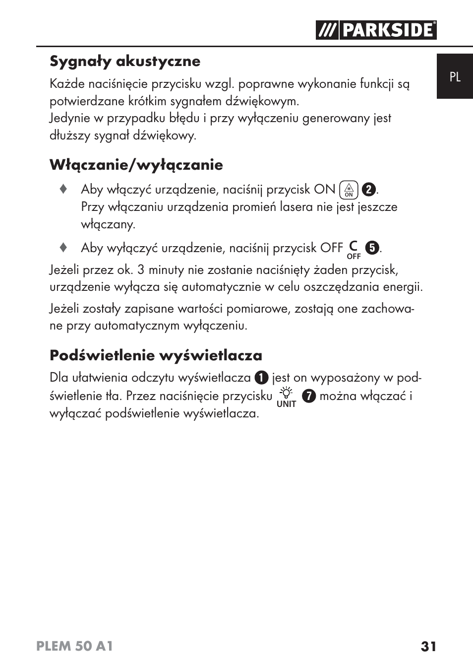 Sygnały akustyczne, Włączanie/wyłączanie, Podświetlenie wyświetlacza | Parkside PLEM 50 A1 User Manual | Page 34 / 114