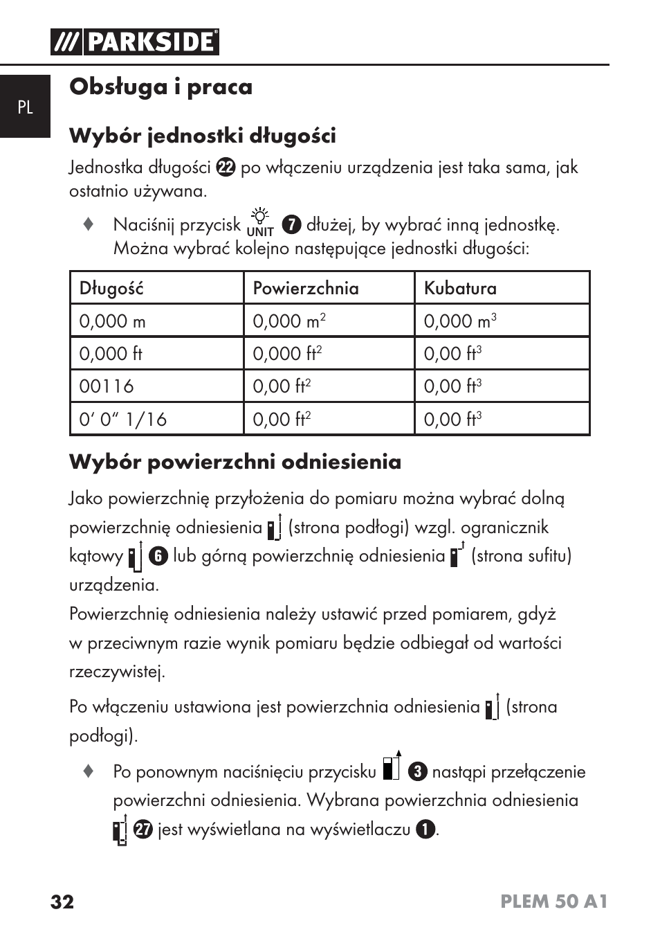 Obsługa i praca, Wybór jednostki długości, Wybór powierzchni odniesienia | Parkside PLEM 50 A1 User Manual | Page 35 / 114