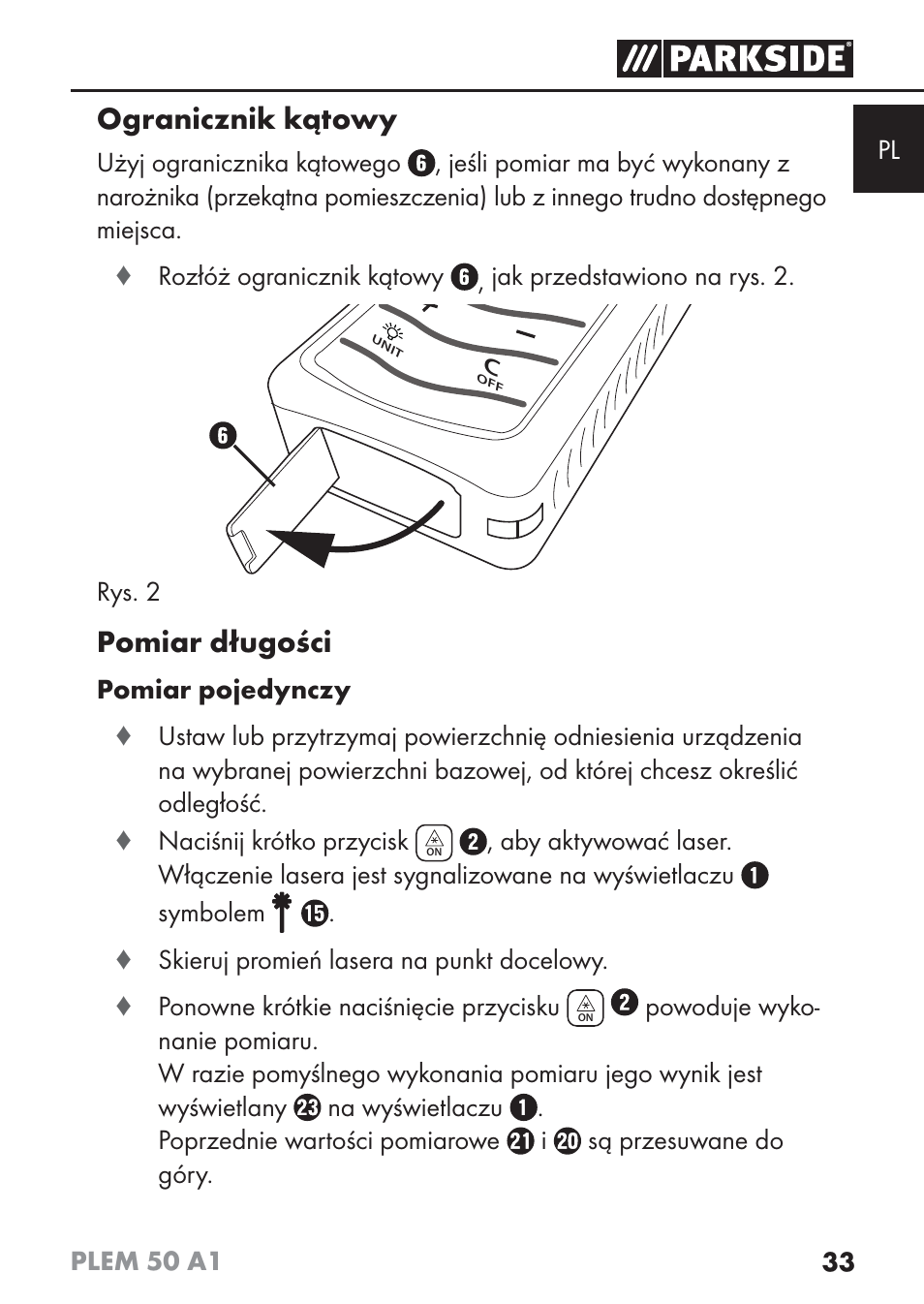 Ogranicznik kątowy, Pomiar długości | Parkside PLEM 50 A1 User Manual | Page 36 / 114