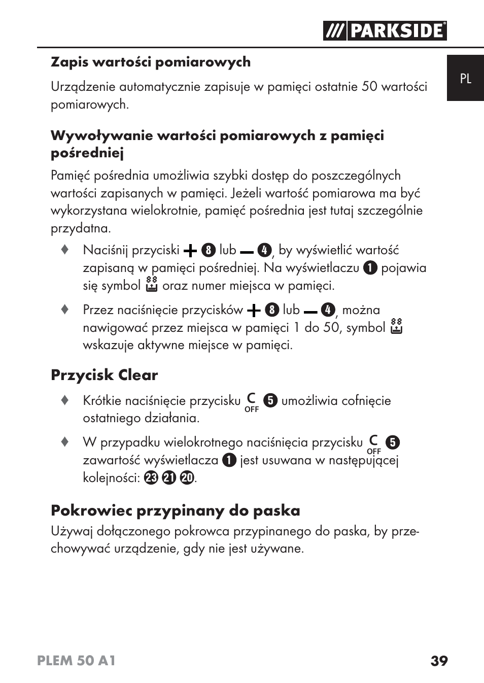 Przycisk clear, Pokrowiec przypinany do paska | Parkside PLEM 50 A1 User Manual | Page 42 / 114