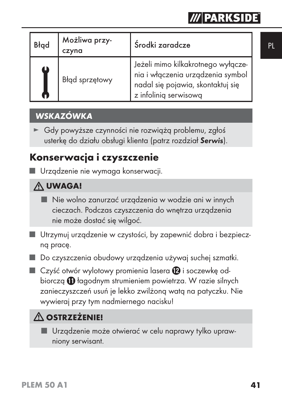 Konserwacja i czyszczenie | Parkside PLEM 50 A1 User Manual | Page 44 / 114