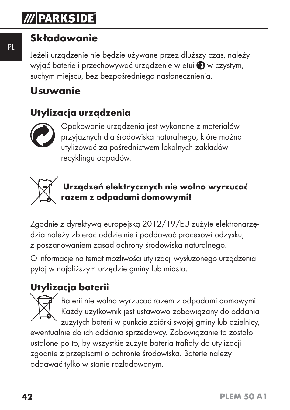 Składowanie, Usuwanie | Parkside PLEM 50 A1 User Manual | Page 45 / 114