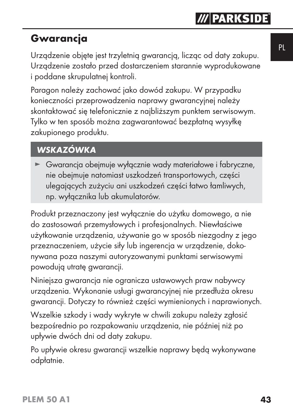 Gwarancja | Parkside PLEM 50 A1 User Manual | Page 46 / 114