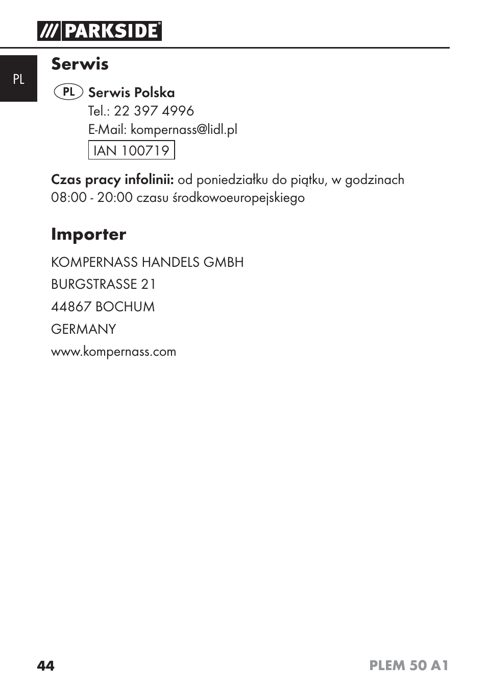 Serwis, Importer | Parkside PLEM 50 A1 User Manual | Page 47 / 114