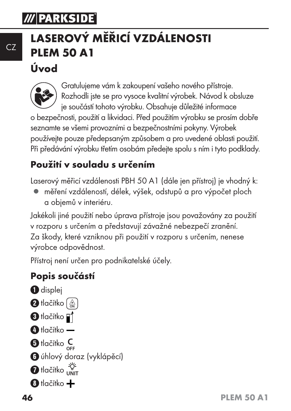 Laserový měřicí vzdálenosti plem 50 a1, Úvod, Použití v souladu s určením | Popis součástí | Parkside PLEM 50 A1 User Manual | Page 49 / 114