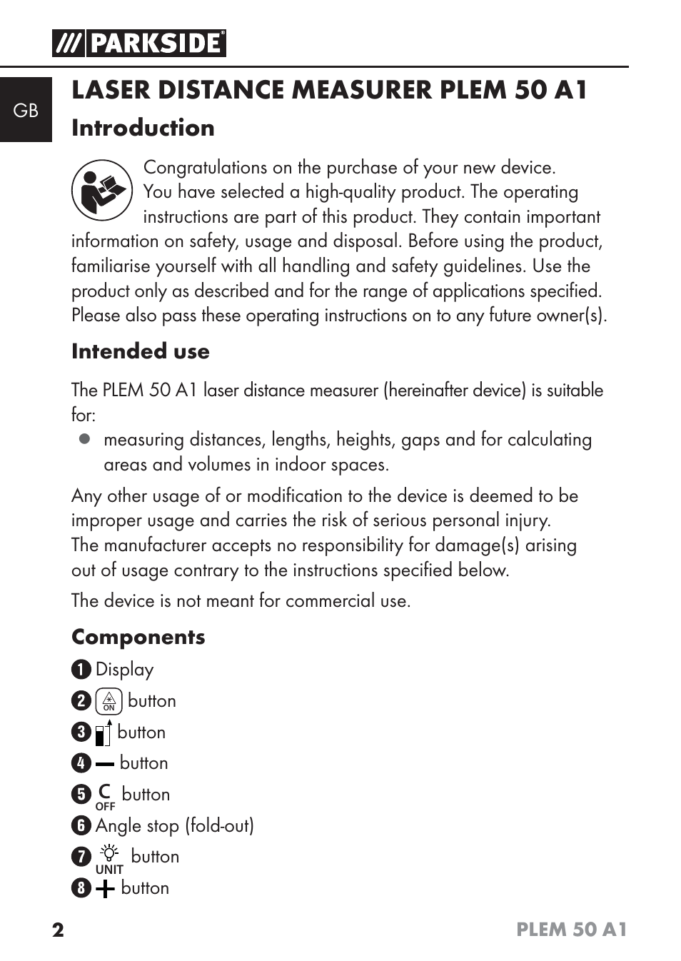 Laser distance measurer plem 50 a1, Introduction, Intended use | Components | Parkside PLEM 50 A1 User Manual | Page 5 / 114