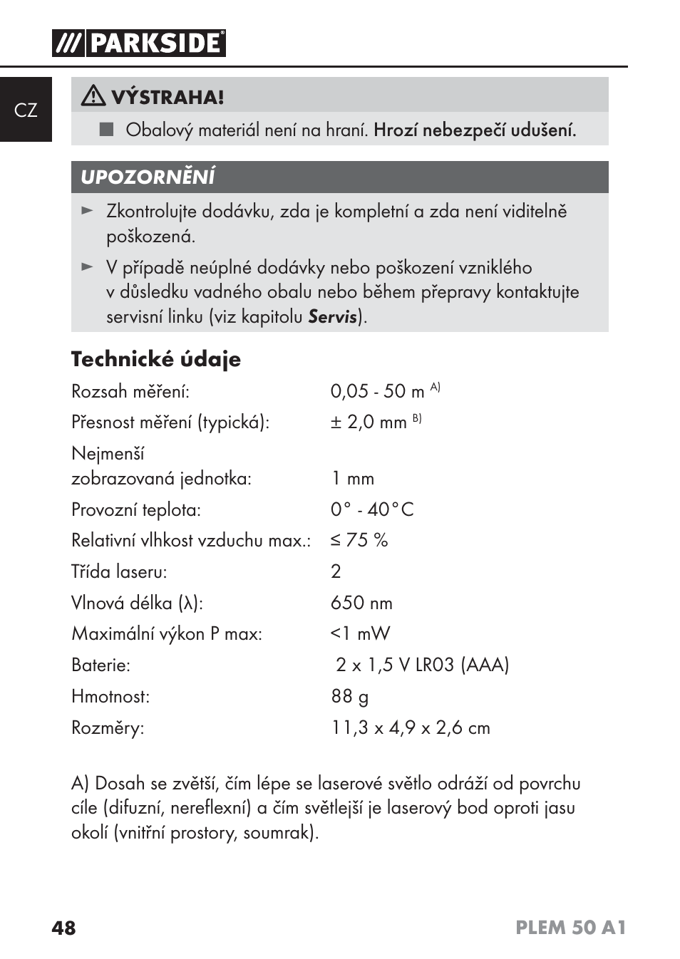 Technické údaje | Parkside PLEM 50 A1 User Manual | Page 51 / 114