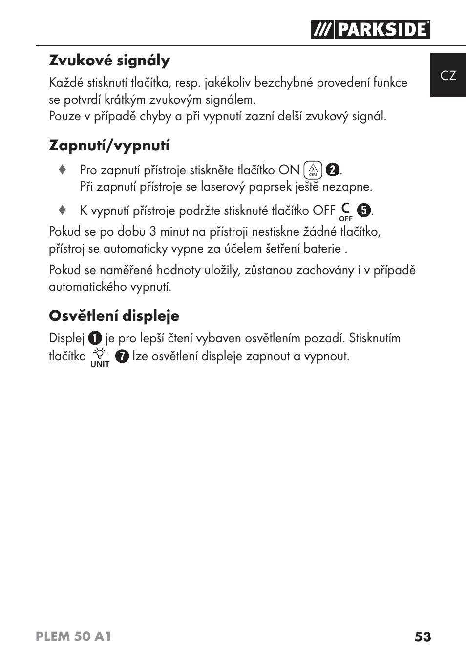 Zvukové signály, Zapnutí/vypnutí, Osvětlení displeje | Parkside PLEM 50 A1 User Manual | Page 56 / 114