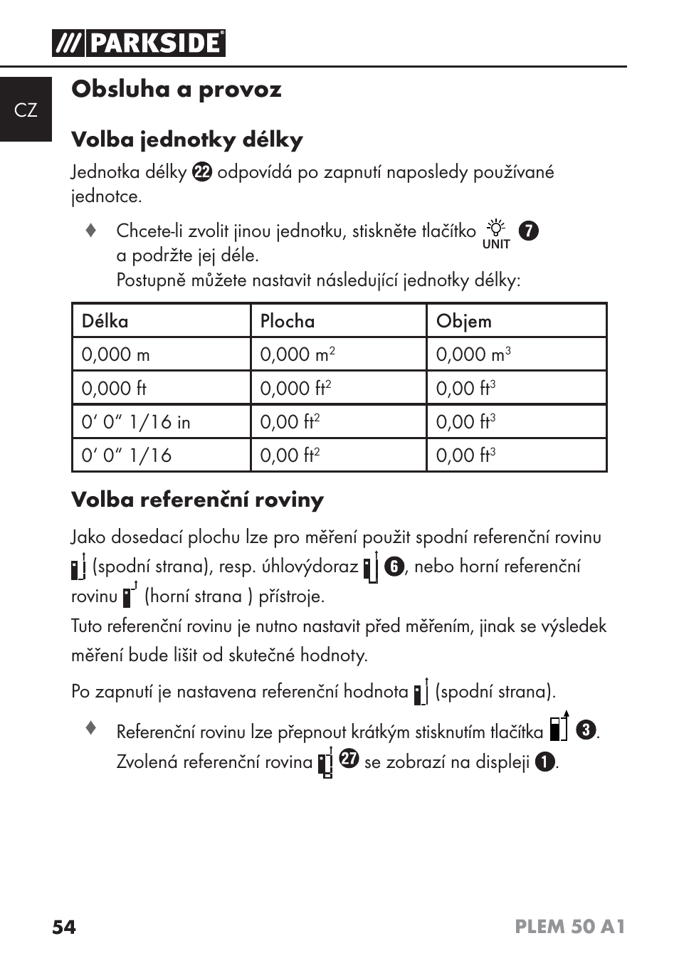 Obsluha a provoz, Volba jednotky délky, Volba referenční roviny | Parkside PLEM 50 A1 User Manual | Page 57 / 114