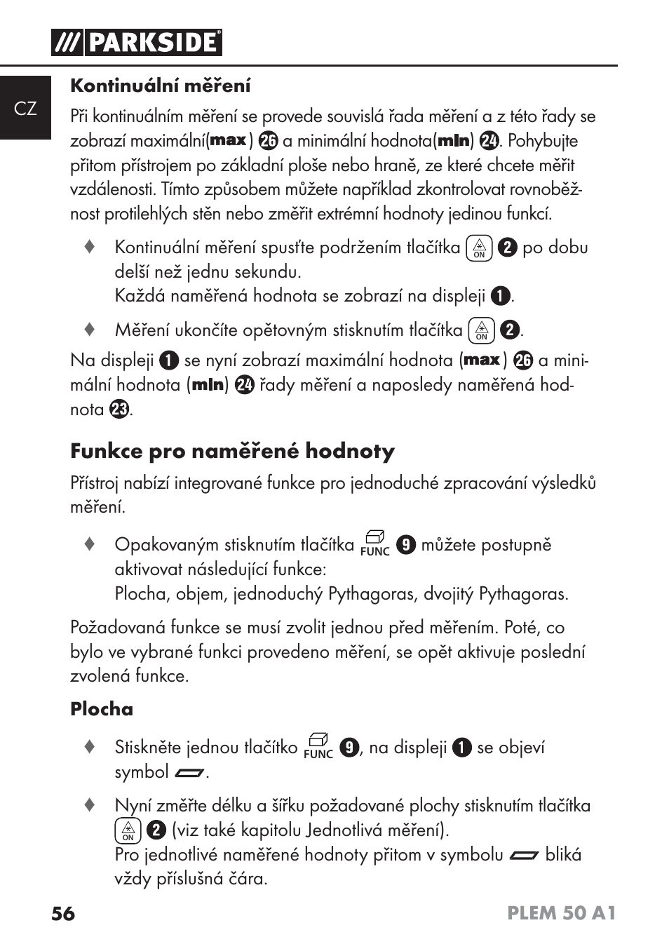 Funkce pro naměřené hodnoty | Parkside PLEM 50 A1 User Manual | Page 59 / 114
