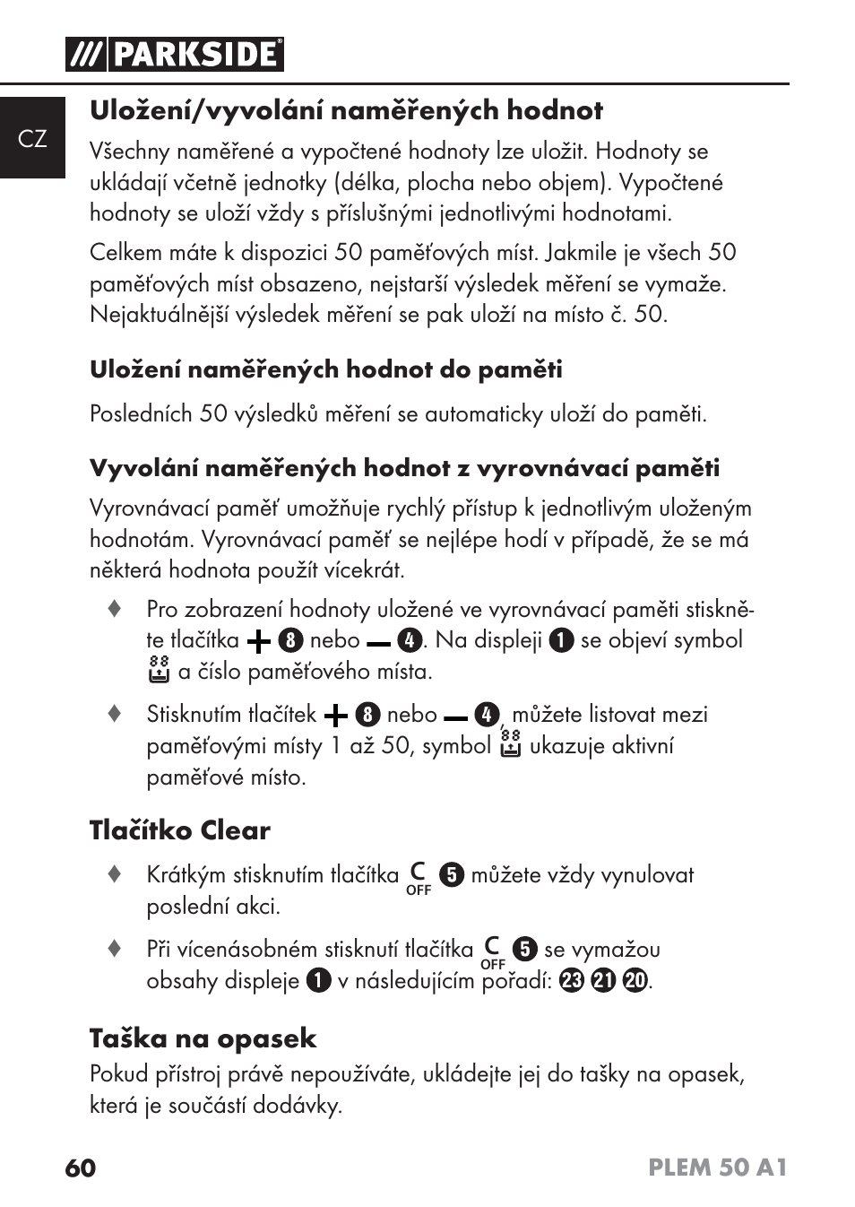 Uložení/vyvolání naměřených hodnot, Tlačítko clear, Taška na opasek | Parkside PLEM 50 A1 User Manual | Page 63 / 114