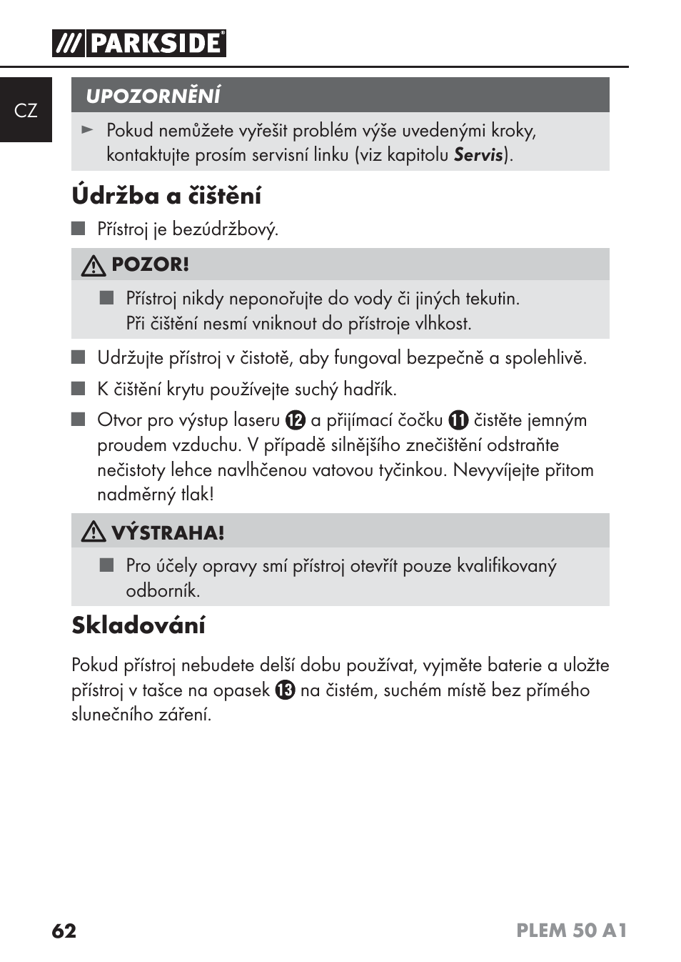 Údržba a čištění, Skladování | Parkside PLEM 50 A1 User Manual | Page 65 / 114