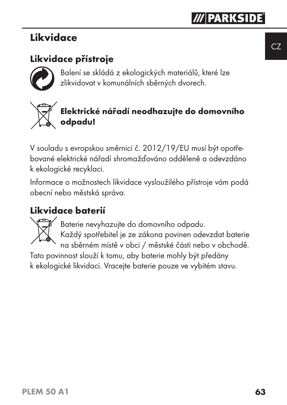 Likvidace | Parkside PLEM 50 A1 User Manual | Page 66 / 114