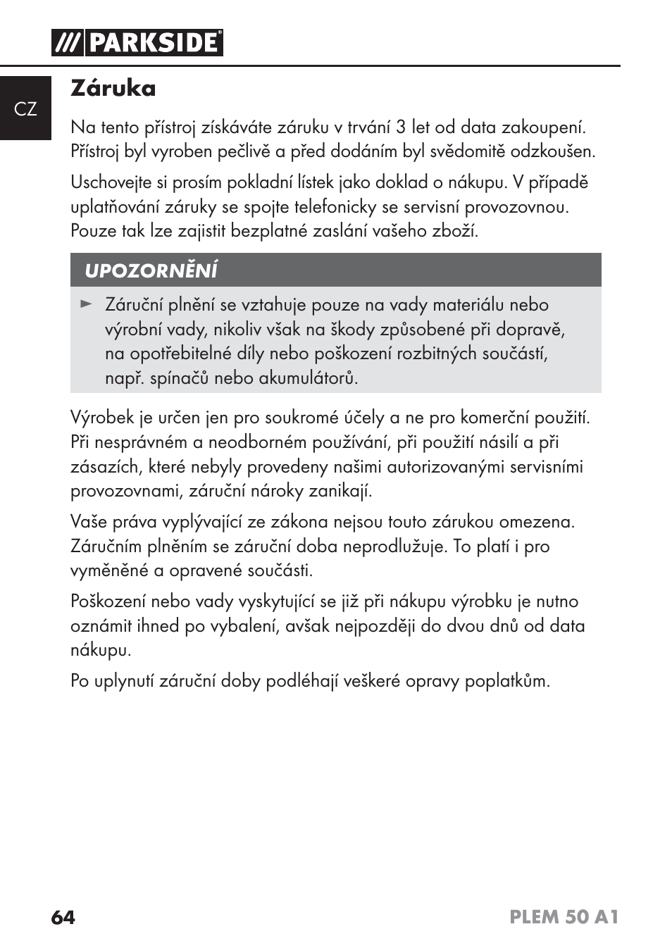Záruka | Parkside PLEM 50 A1 User Manual | Page 67 / 114