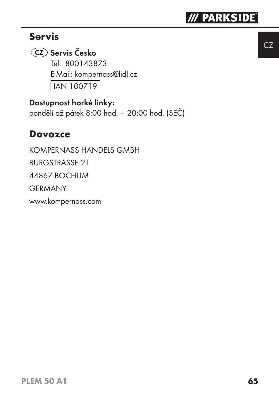 Servis, Dovozce | Parkside PLEM 50 A1 User Manual | Page 68 / 114