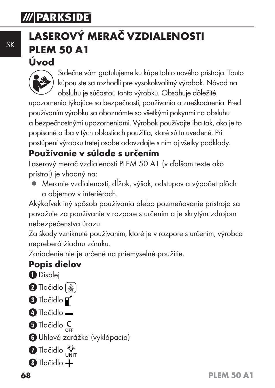 Laserový merač vzdialenosti plem 50 a1, Úvod, Používanie v súlade s určením | Popis dielov | Parkside PLEM 50 A1 User Manual | Page 71 / 114