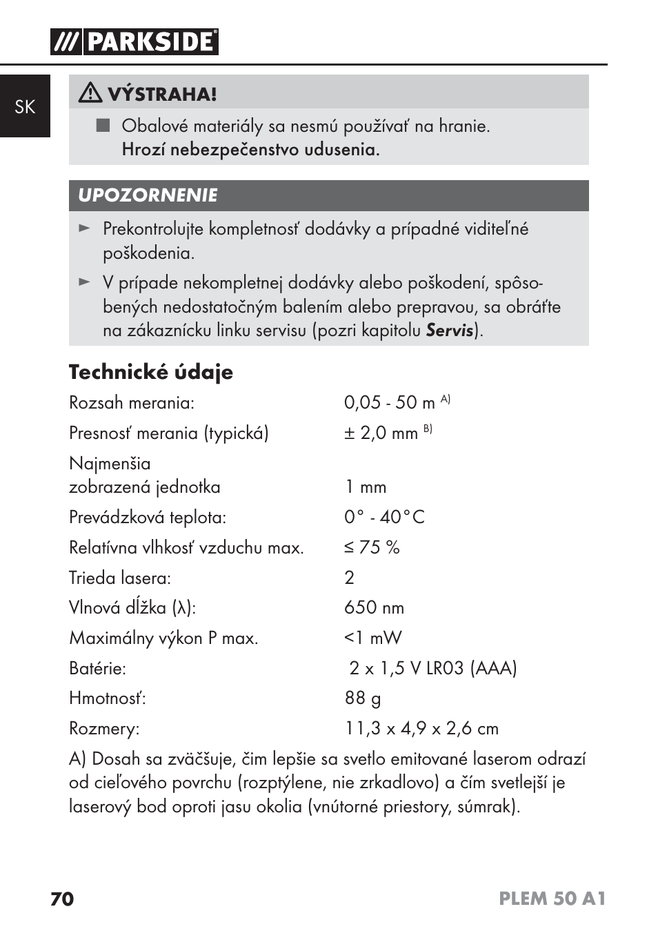 Technické údaje | Parkside PLEM 50 A1 User Manual | Page 73 / 114
