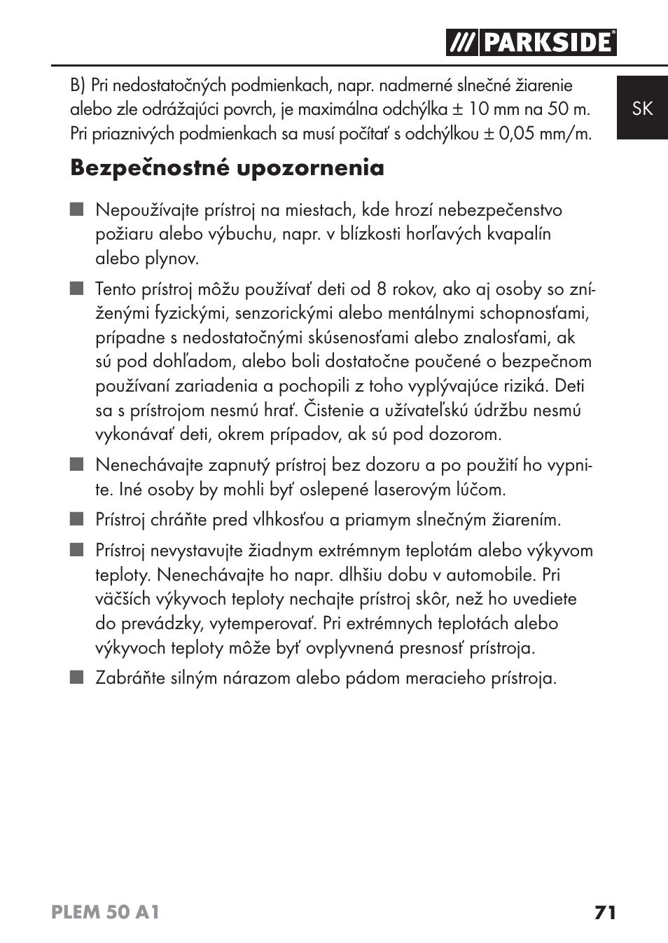 Bezpečnostné upozornenia | Parkside PLEM 50 A1 User Manual | Page 74 / 114