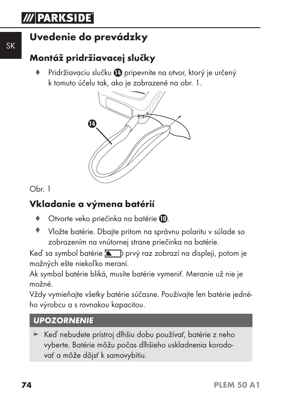 Uvedenie do prevádzky, Montáž pridržiavacej slučky, Vkladanie a výmena batérií | Parkside PLEM 50 A1 User Manual | Page 77 / 114