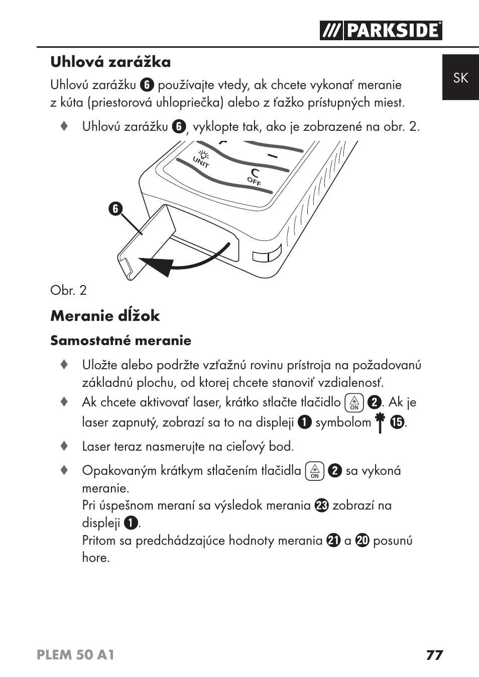 Uhlová zarážka, Meranie dĺžok | Parkside PLEM 50 A1 User Manual | Page 80 / 114