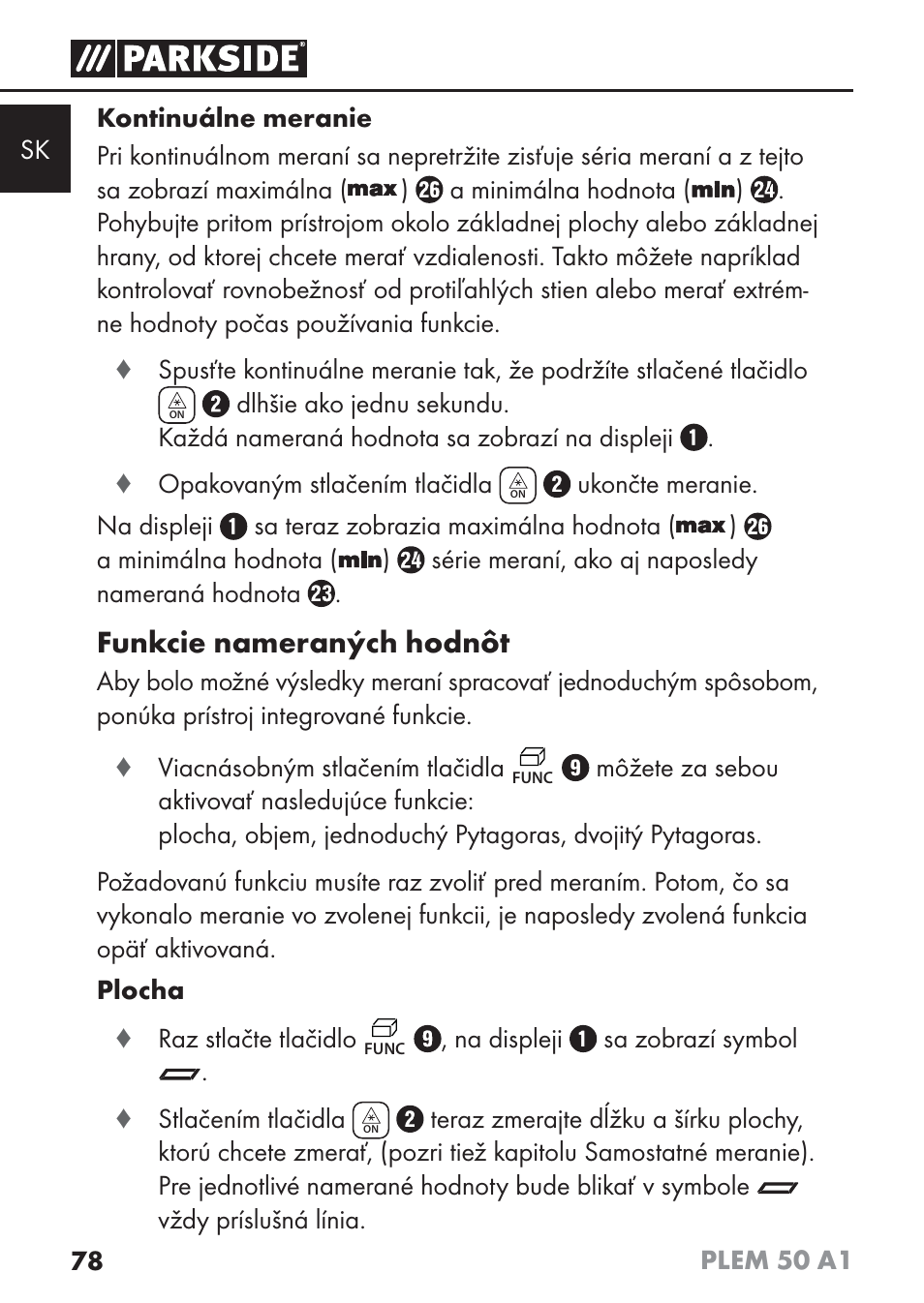 Funkcie nameraných hodnôt | Parkside PLEM 50 A1 User Manual | Page 81 / 114