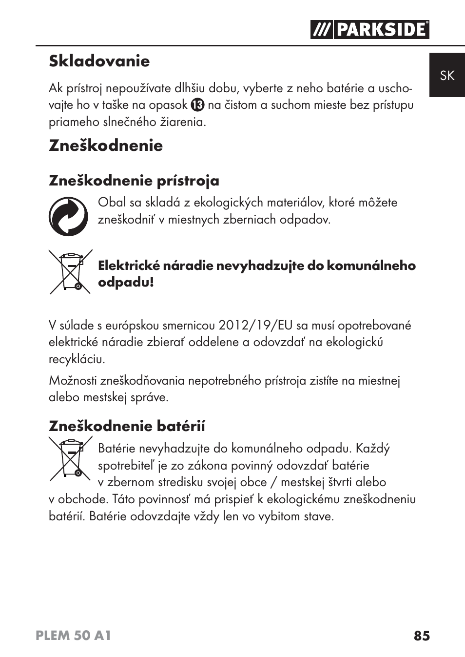 Skladovanie, Zneškodnenie | Parkside PLEM 50 A1 User Manual | Page 88 / 114