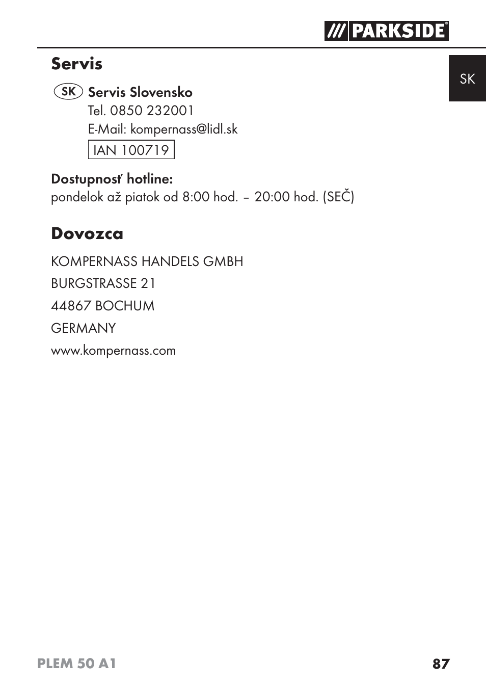 Servis, Dovozca | Parkside PLEM 50 A1 User Manual | Page 90 / 114