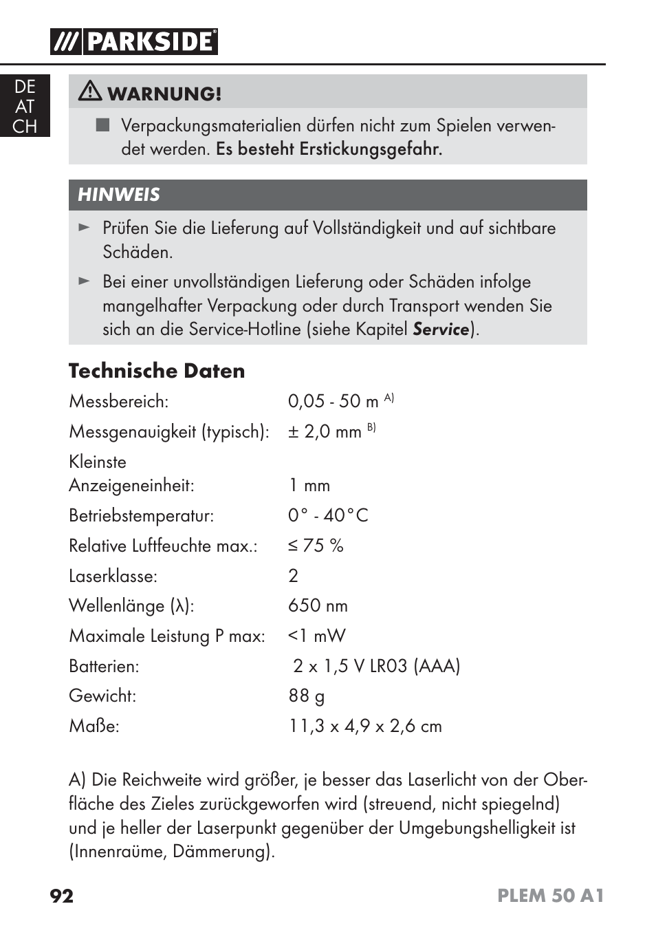 Technische daten | Parkside PLEM 50 A1 User Manual | Page 95 / 114