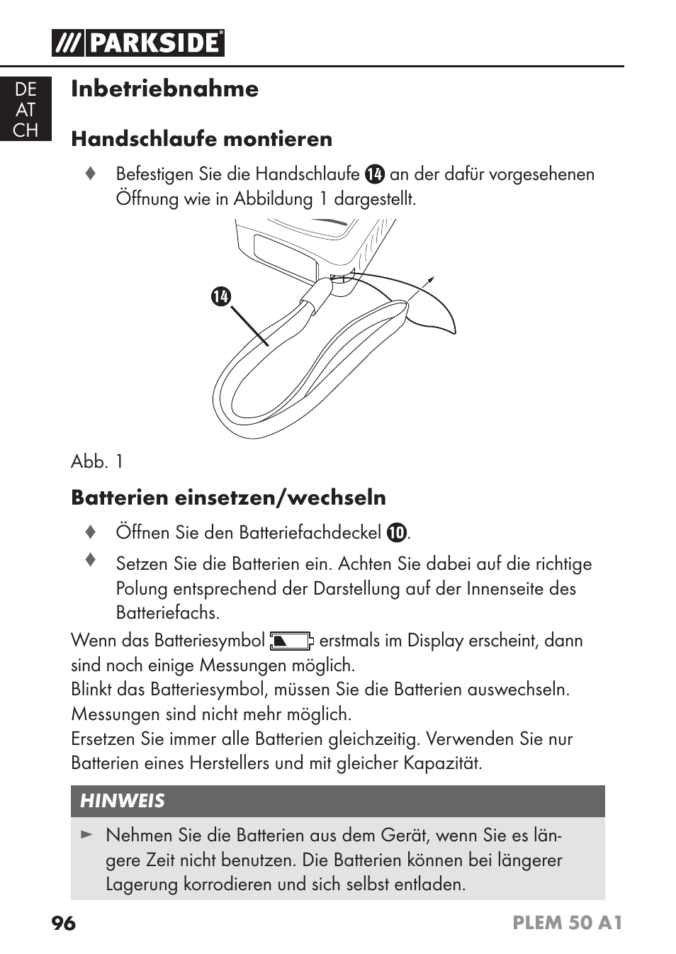 Inbetriebnahme, Handschlaufe montieren, Batterien einsetzen/wechseln | Parkside PLEM 50 A1 User Manual | Page 99 / 114