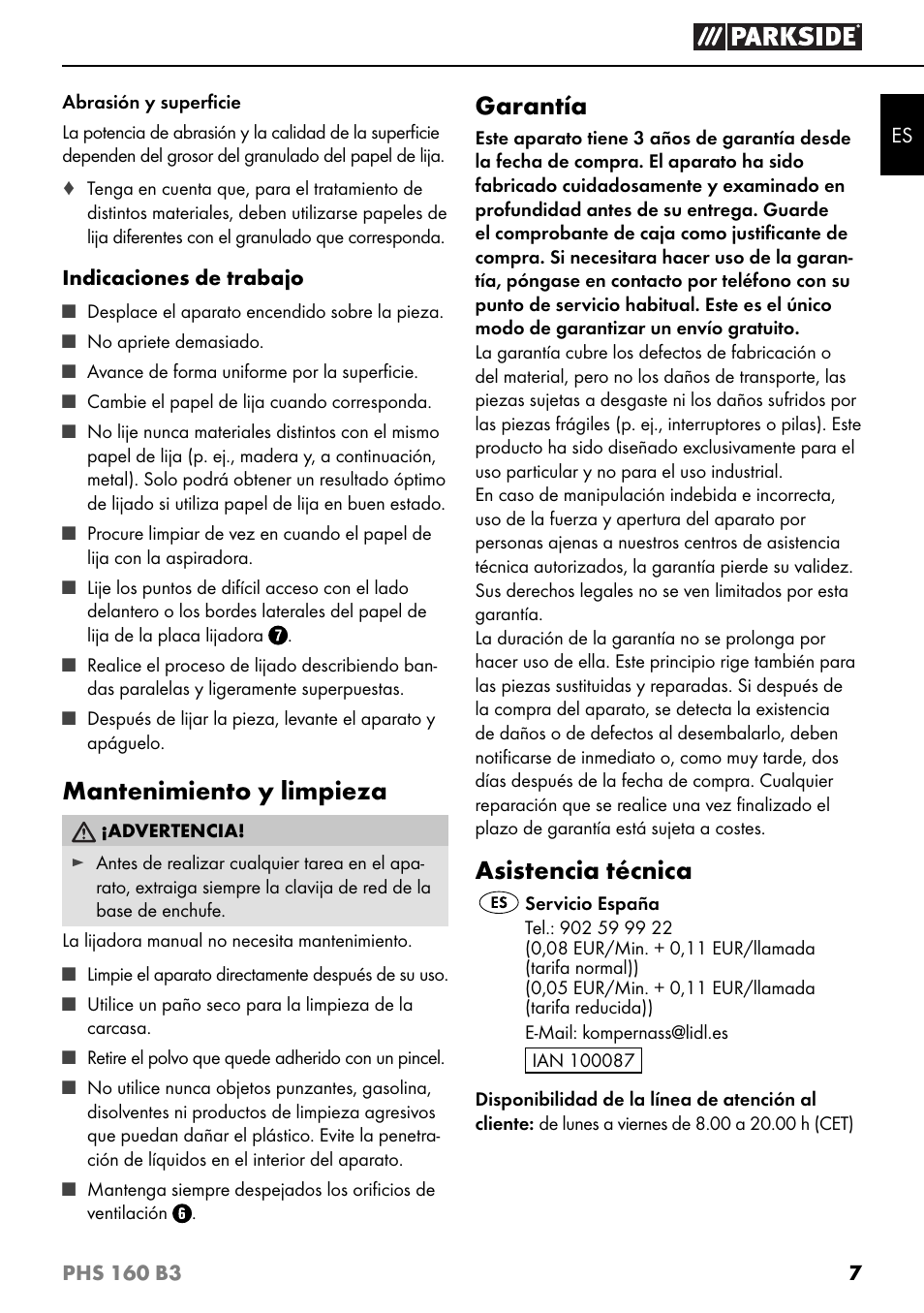Mantenimiento y limpieza, Garantía, Asistencia técnica | Parkside PHS 160 B3 User Manual | Page 10 / 44