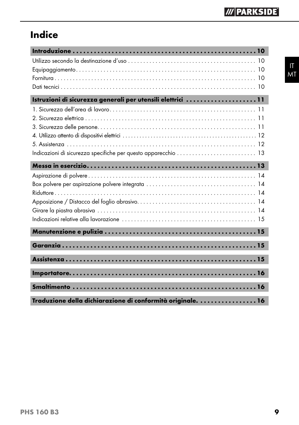 Indice | Parkside PHS 160 B3 User Manual | Page 12 / 44