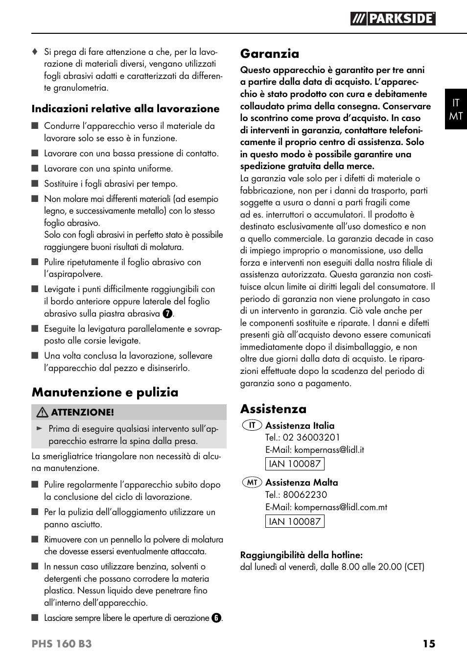 Manutenzione e pulizia, Garanzia, Assistenza | Parkside PHS 160 B3 User Manual | Page 18 / 44