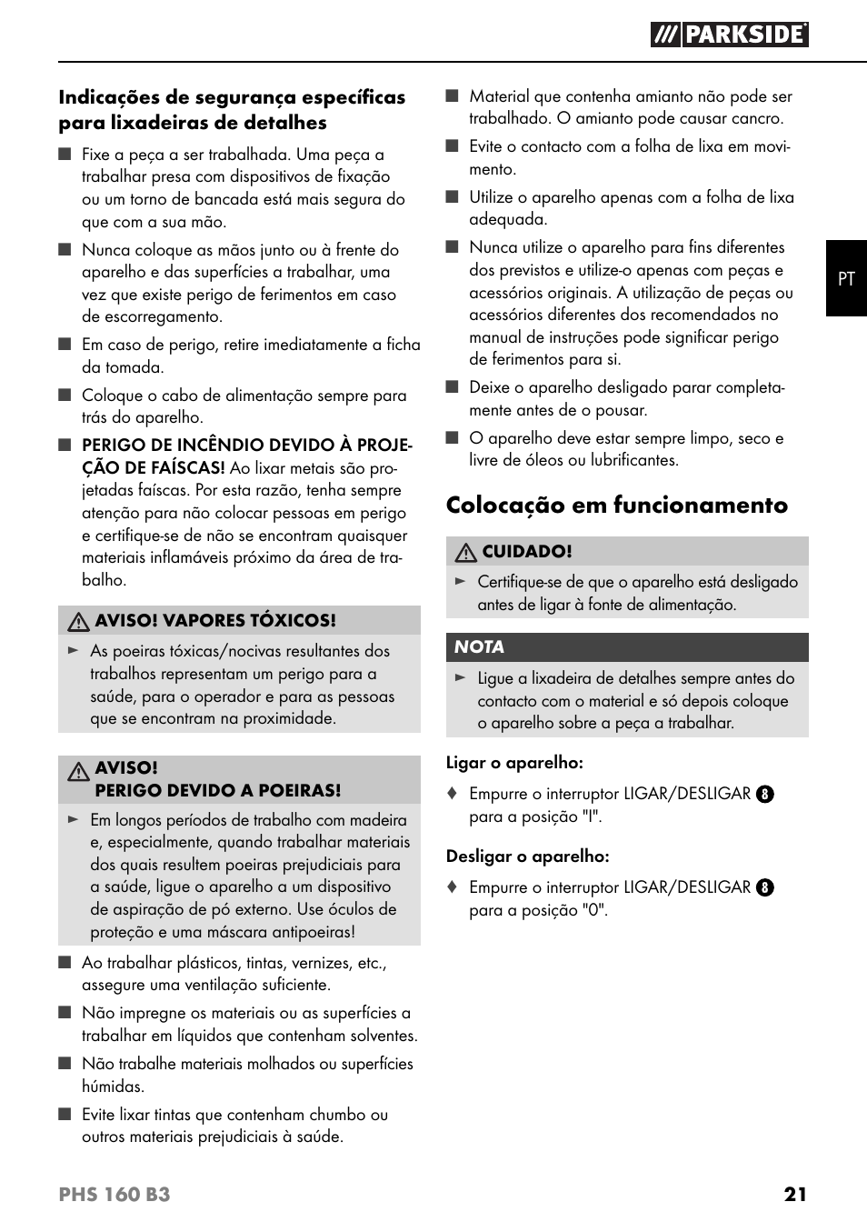 Colocação em funcionamento | Parkside PHS 160 B3 User Manual | Page 24 / 44