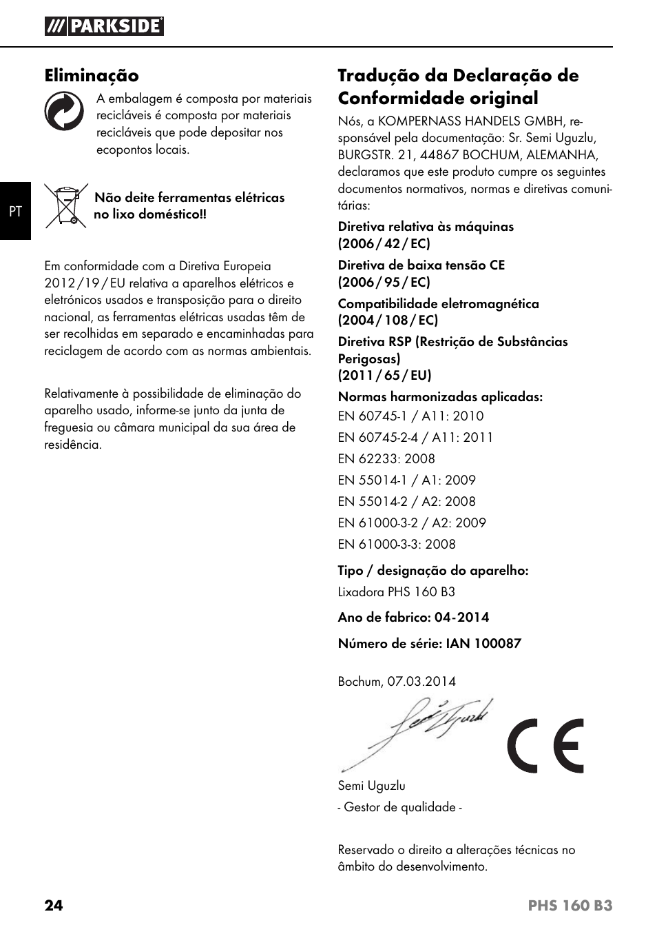 Eliminação, Tradução da declaração de conformidade original | Parkside PHS 160 B3 User Manual | Page 27 / 44