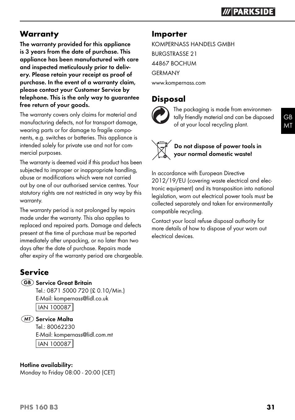 Warranty, Service, Importer | Disposal | Parkside PHS 160 B3 User Manual | Page 34 / 44