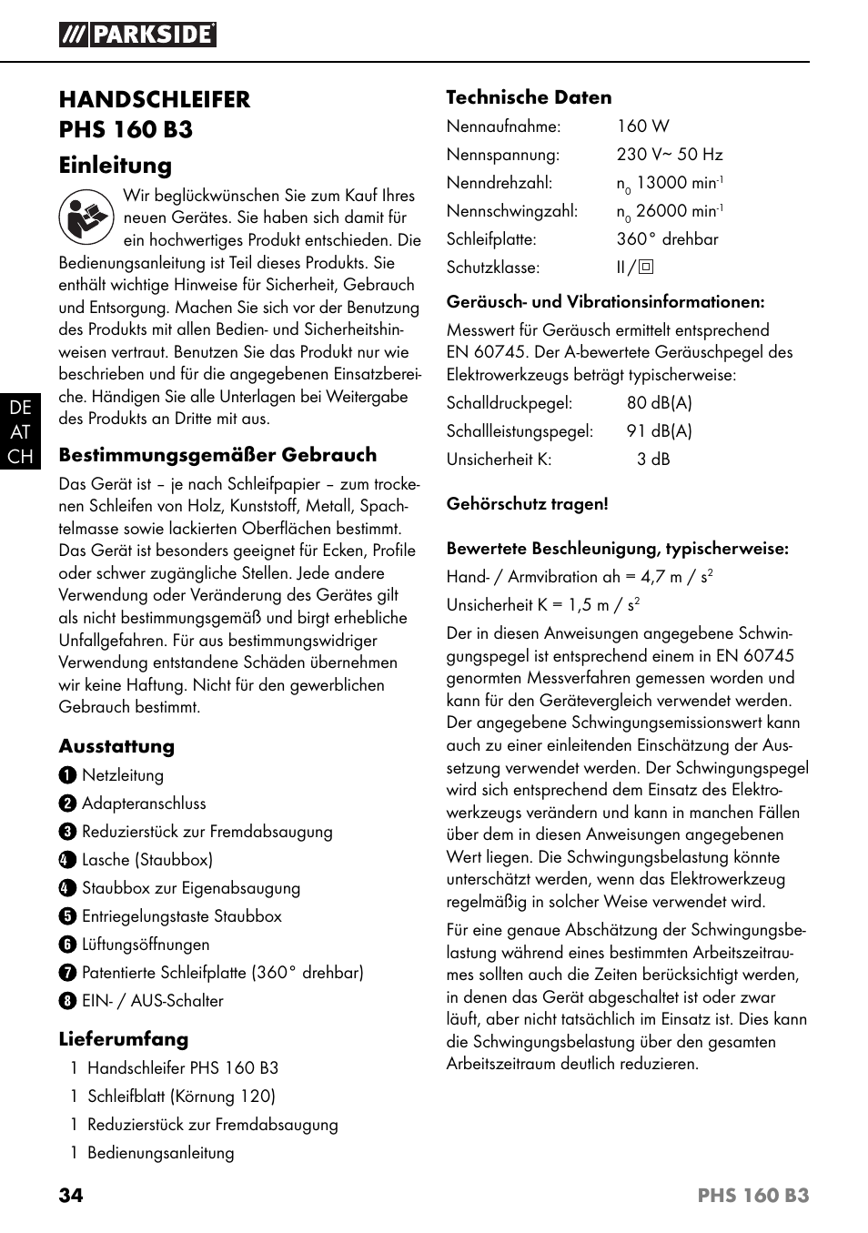 Handschleifer phs 160 b3 einleitung | Parkside PHS 160 B3 User Manual | Page 37 / 44