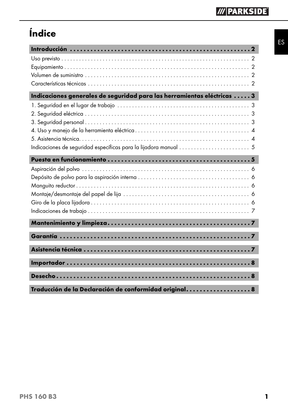 Índice | Parkside PHS 160 B3 User Manual | Page 4 / 44