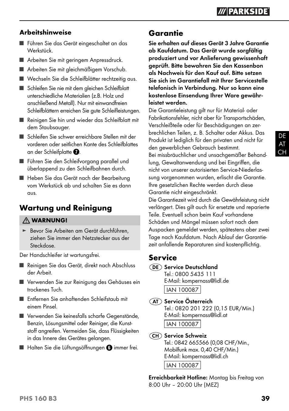 Wartung und reinigung, Garantie, Service | Parkside PHS 160 B3 User Manual | Page 42 / 44