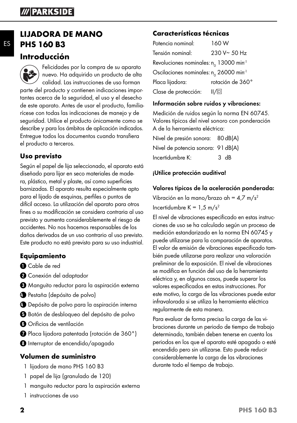 Lijadora de mano phs 160 b3 introducción | Parkside PHS 160 B3 User Manual | Page 5 / 44