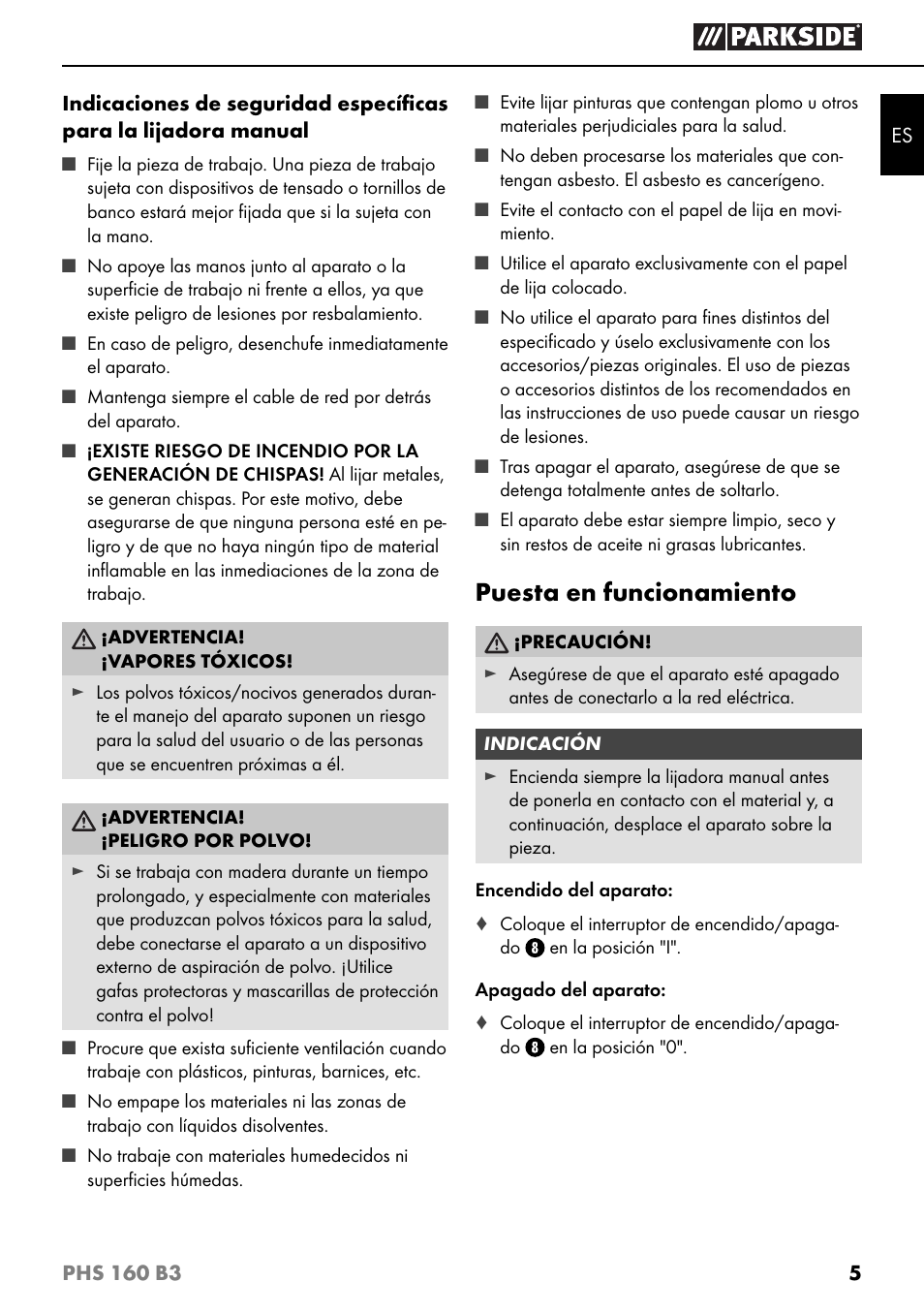 Puesta en funcionamiento | Parkside PHS 160 B3 User Manual | Page 8 / 44
