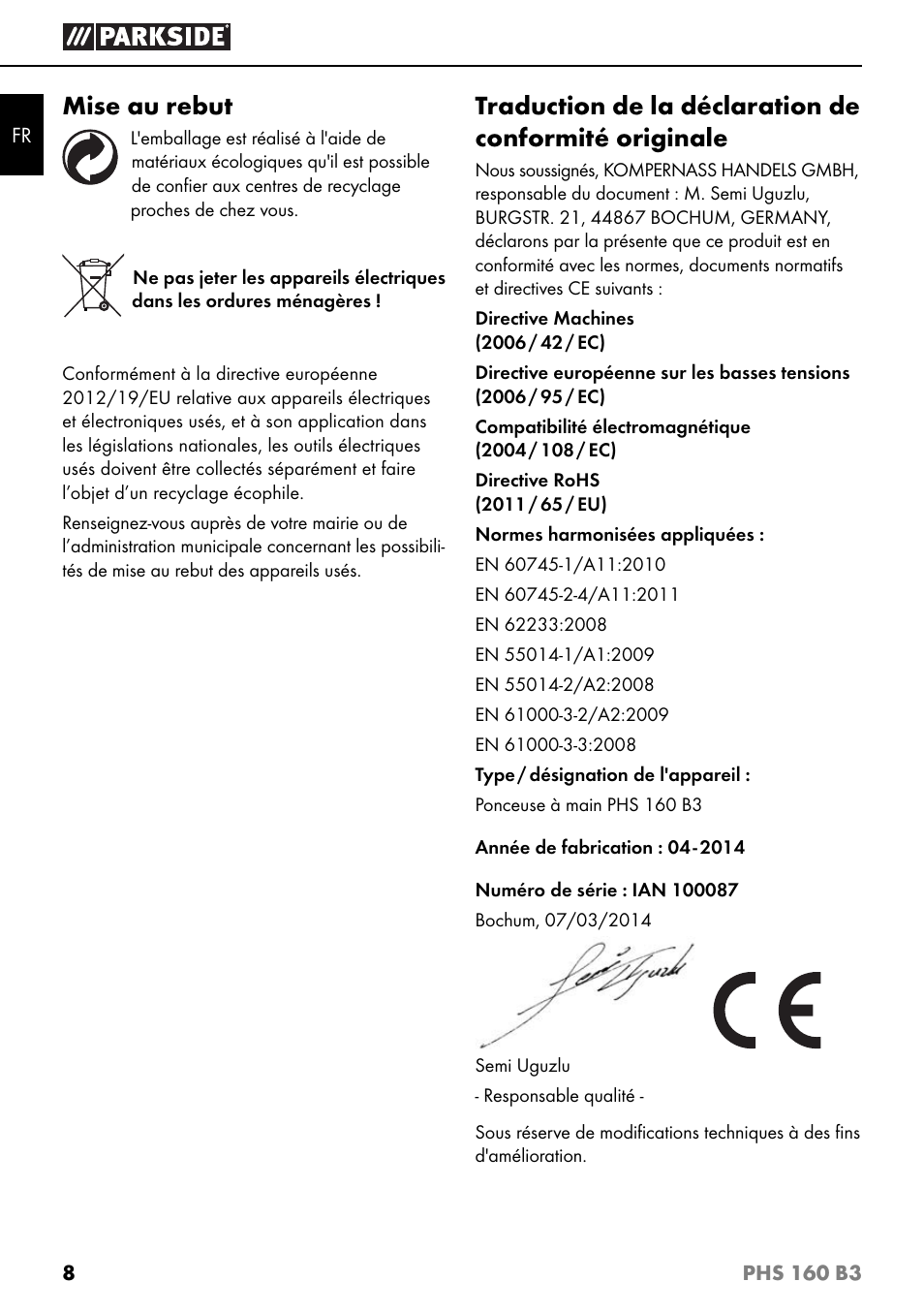 Mise au rebut | Parkside PHS 160 B3 User Manual | Page 11 / 28