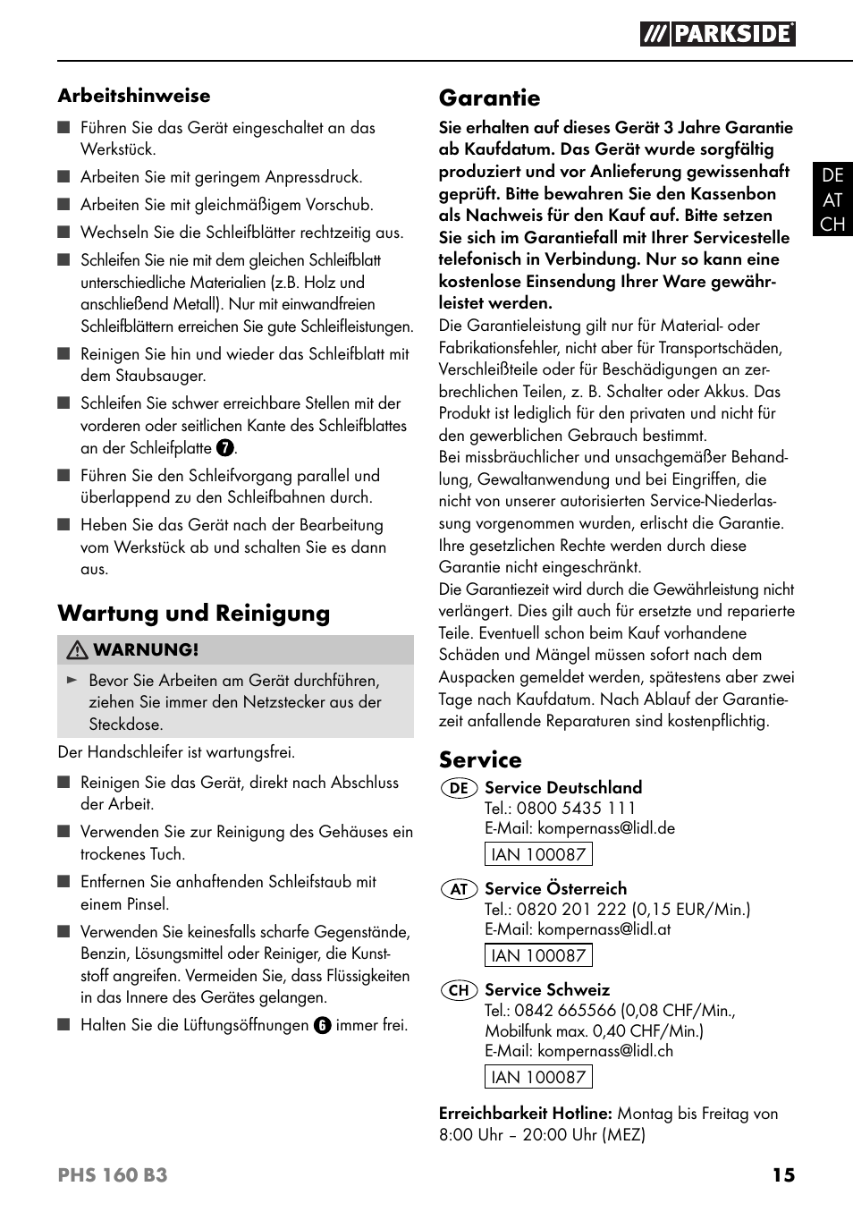 Wartung und reinigung, Garantie, Service | Parkside PHS 160 B3 User Manual | Page 18 / 28