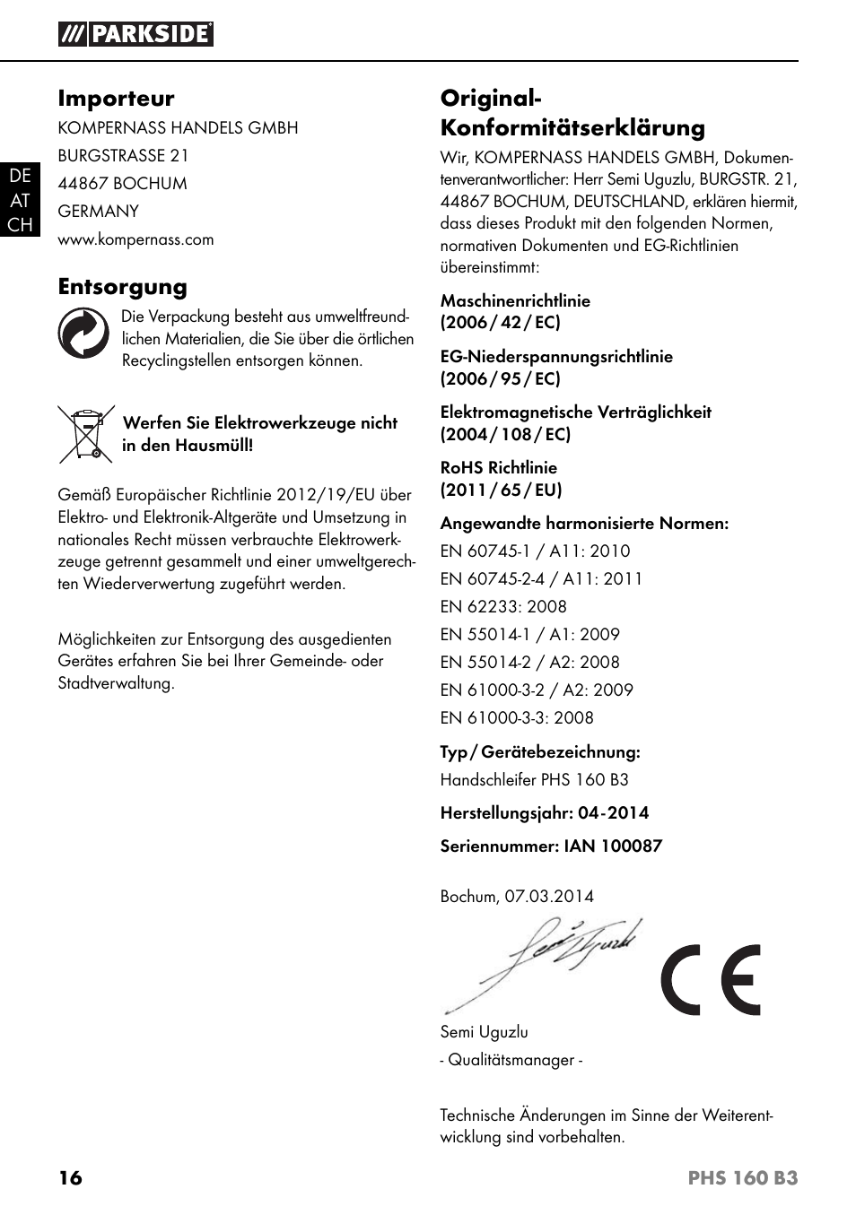 Importeur, Entsorgung, Original- konformitätserklärung | Parkside PHS 160 B3 User Manual | Page 19 / 28