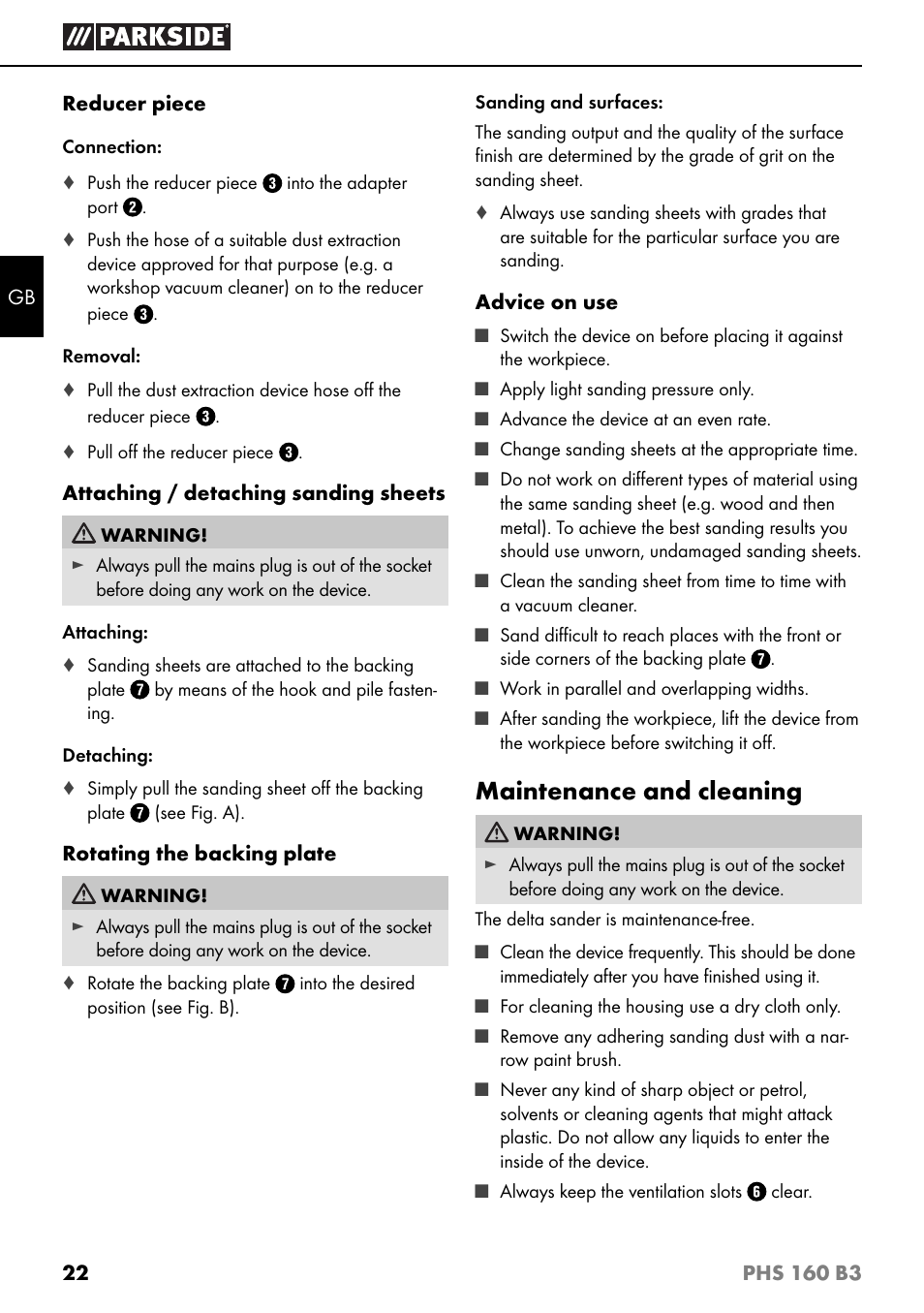 Maintenance and cleaning | Parkside PHS 160 B3 User Manual | Page 25 / 28